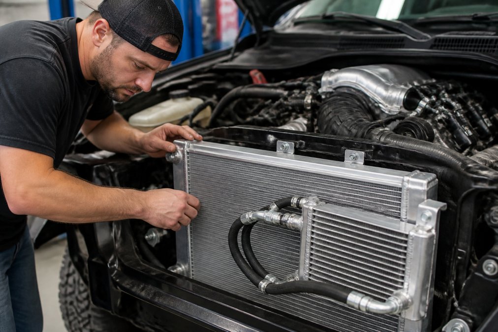 Professional mechanic examining a water-cooled intercooler and aluminum radiator installed in a truck engine bay, with clear view of cooling lines and mounting brackets under shop lighting