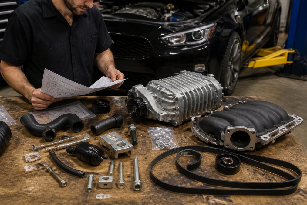 Mechanic inspecting parts on a workbench to explain supercharger installation cost details