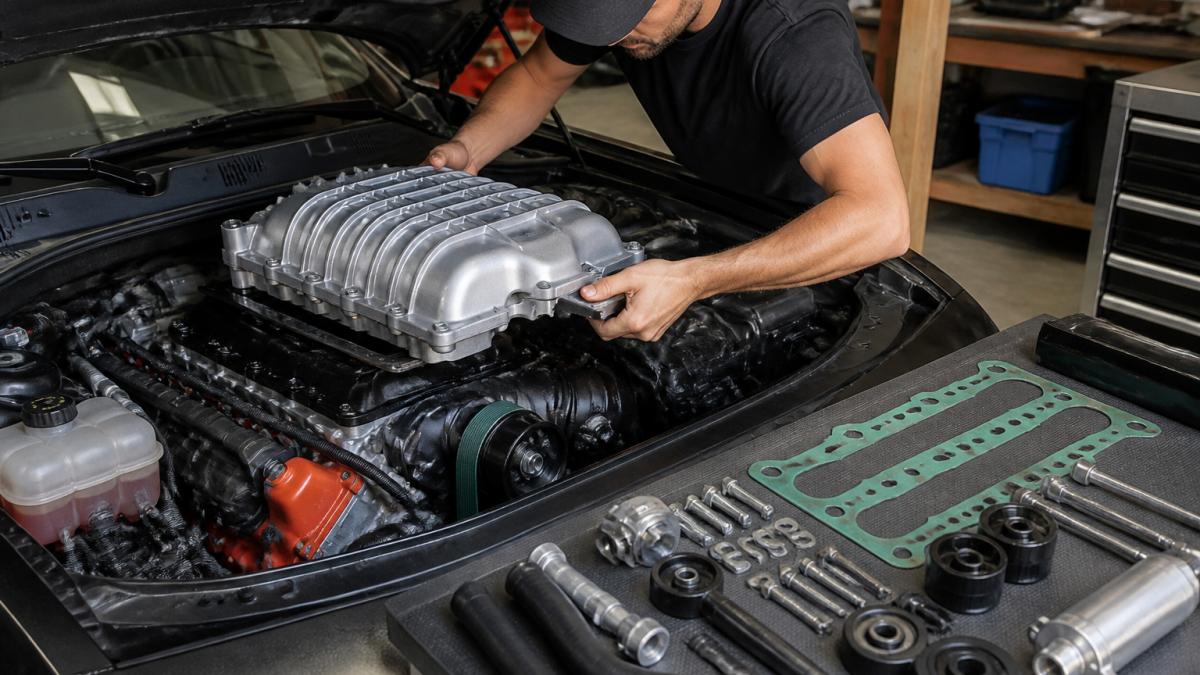 A mechanic in a home garage installing a bolt-on supercharger kit on a Dodge Challenger HEMI engine bay, tools laid out on a workbench nearby, hands positioning the intake manifold onto the engine block