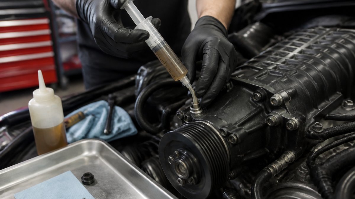 Close-up of a mechanic's gloved hands using a syringe to extract oil from a supercharger gear case fill plug on a clean engine bay workbench