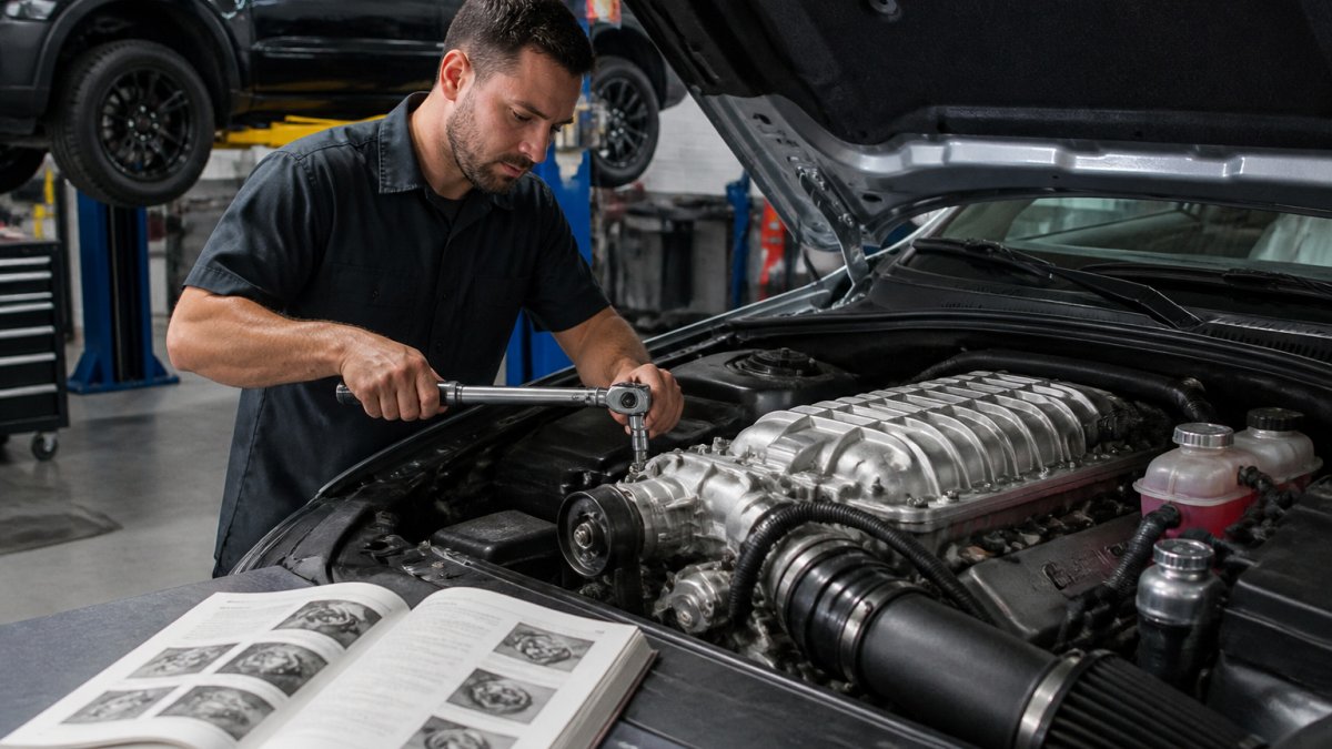 A mechanic in a clean shop installing a bolt-on supercharger kit on a V8 engine, torque wrench in hand, with the vehicle raised on a lift and an open service manual on the workbench nearby