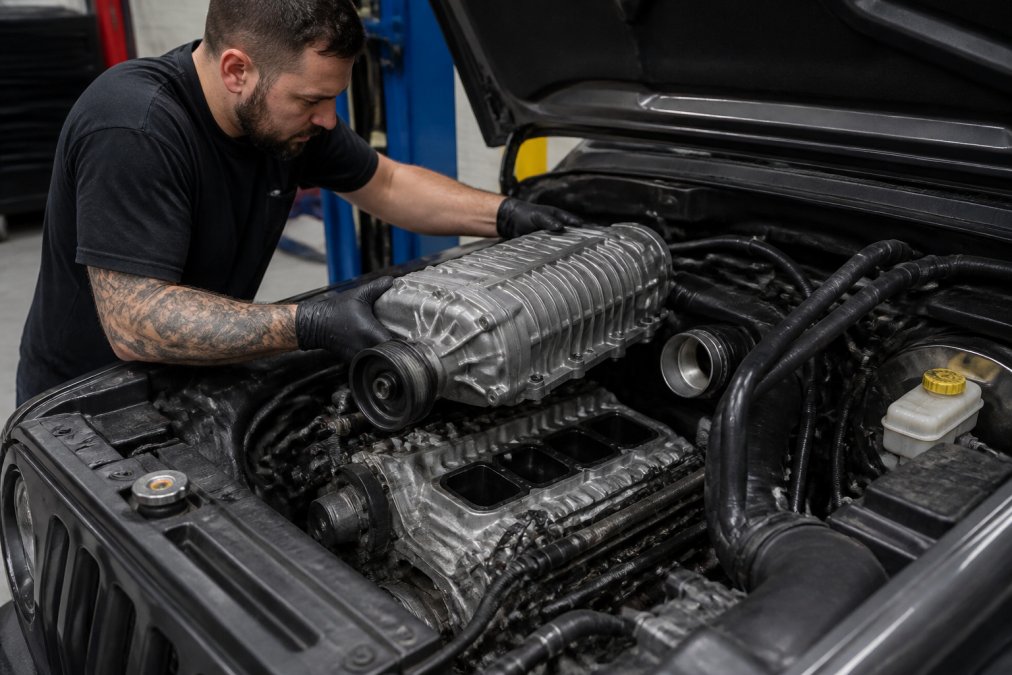 Professional mechanic installing a supercharger kit on a Jeep Wrangler engine, showing the intake manifold and supercharger body being fitted into the engine bay with precision tools and proper lighting