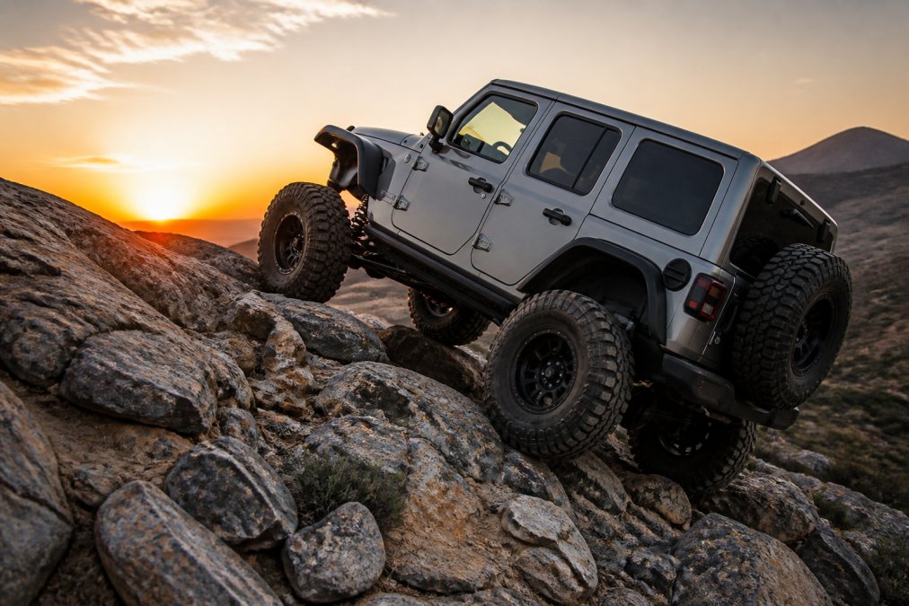 Modified Jeep Wrangler with 35-inch all-terrain tires climbing steep rocky terrain at sunrise, demonstrating torque delivery and off-road capability with visible suspension articulation