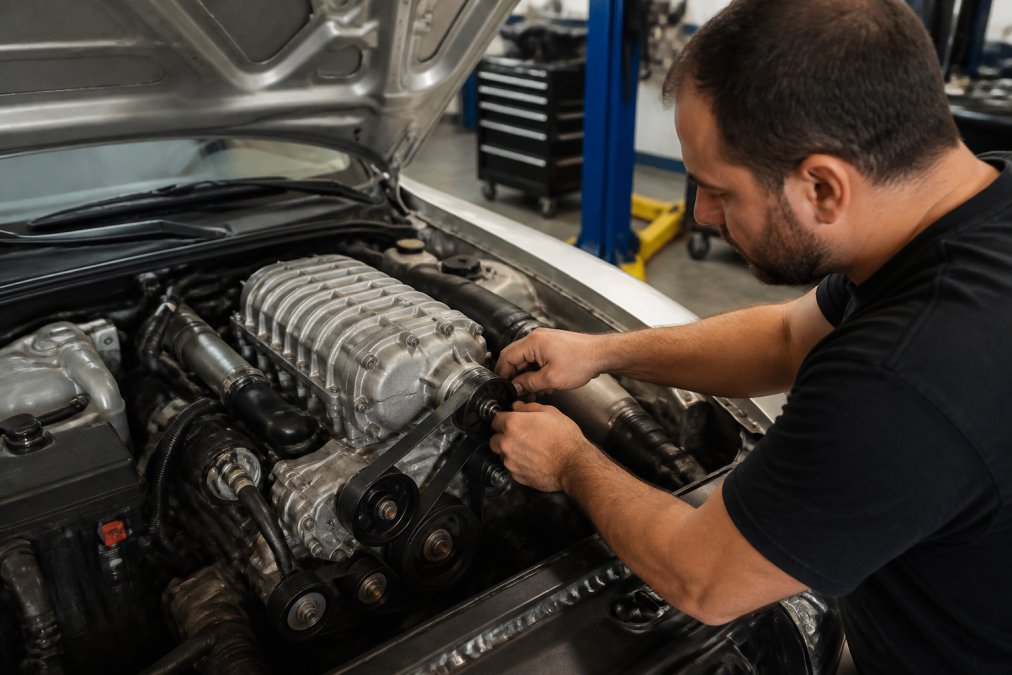 Professional mechanic installing a compact belt-driven supercharger unit onto an engine block, with the crankshaft pulley and serpentine belt visible, working in a well-lit shop environment