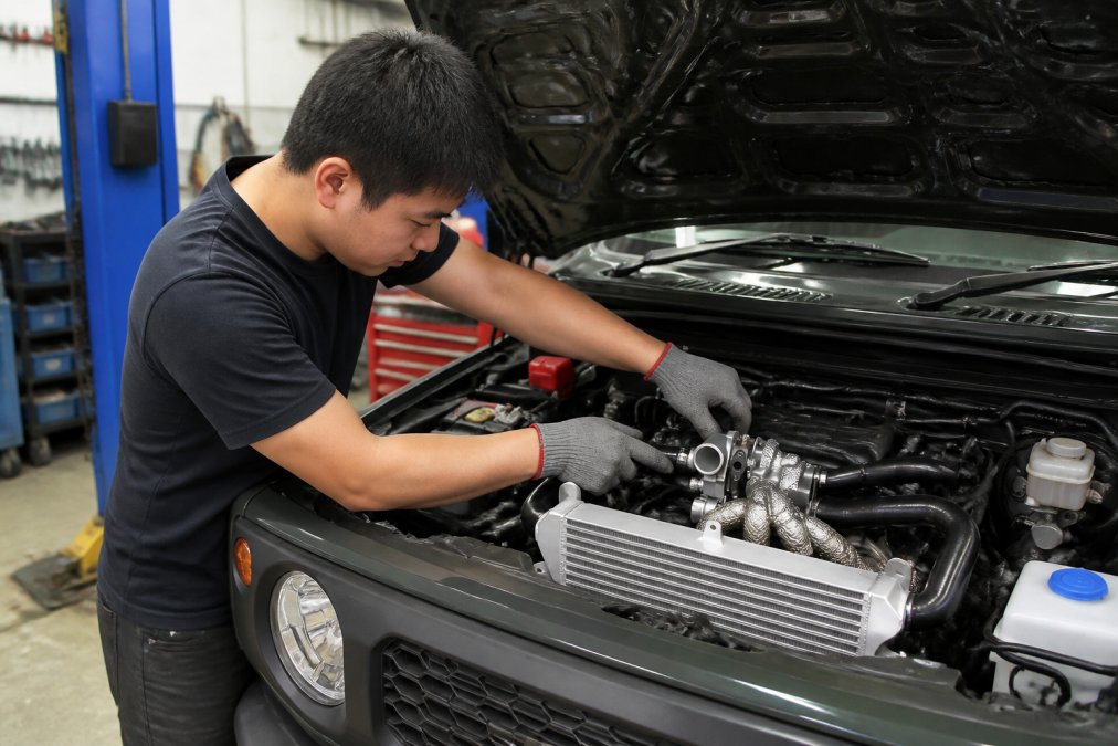 Mechanic installing a supercharger kit on a daily driver vehicle in a professional shop, hands working with precision on engine components and intercooler piping