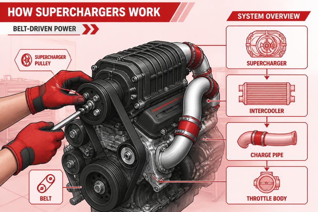 Mechanic's hands adjusting a belt-driven supercharger pulley system mounted on an engine block, showing the serpentine belt and intercooler plumbing connections in a well-lit garage