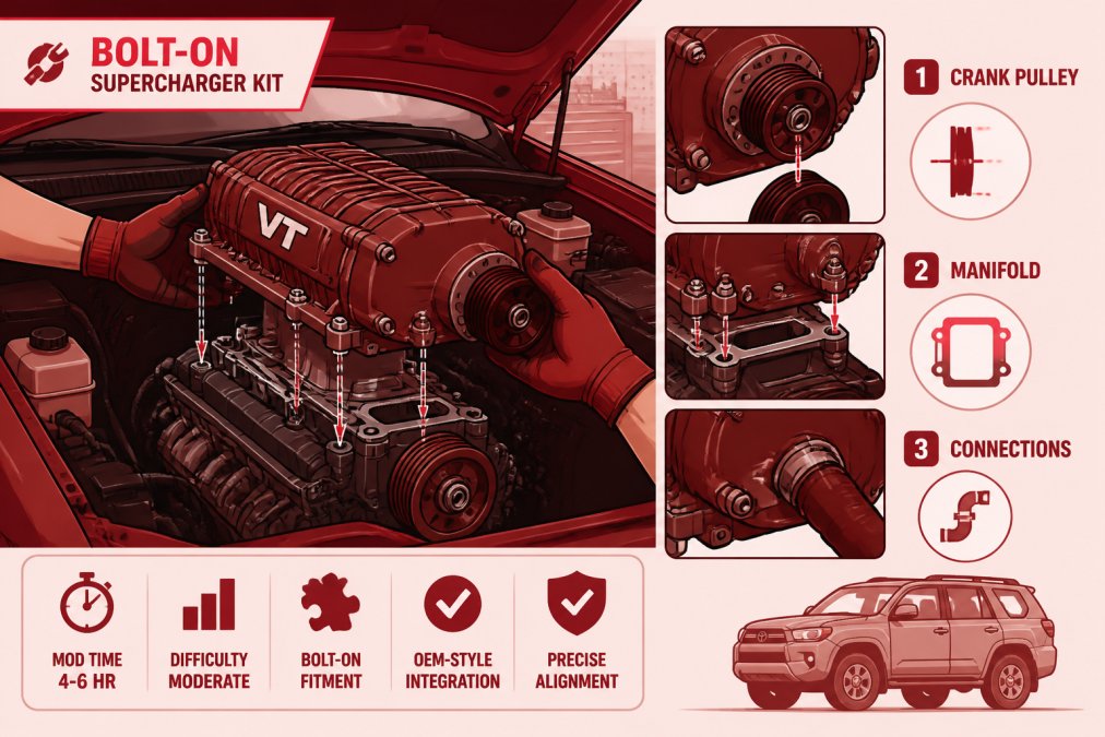 Experienced mechanic's hands positioning a bolt-on supercharger kit into an engine bay, showing precise alignment with the crankshaft pulley and manifold connections, with the hood open in a well-equipped garage