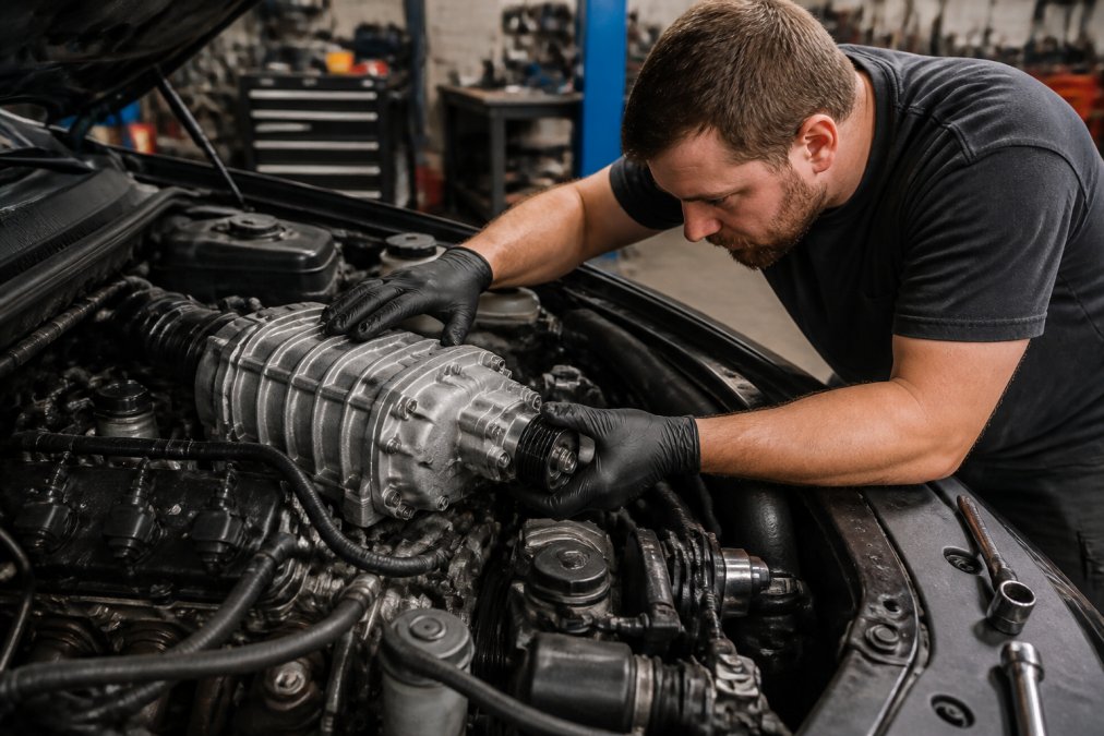 Technician installing a forced induction kit on a truck engine in a professional workshop