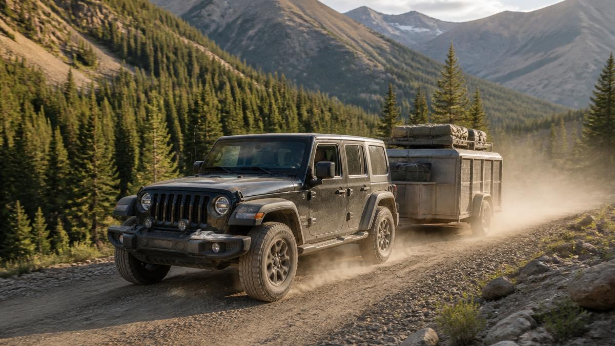A Jeep Wrangler towing a loaded trailer up a steep mountain pass road, dust on the tires, pine trees along the shoulder, late afternoon light