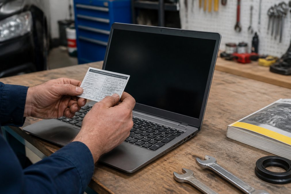Close-up of hands holding a vehicle identification number card next to a laptop screen displaying an online auto parts retailer's compatibility checker interface