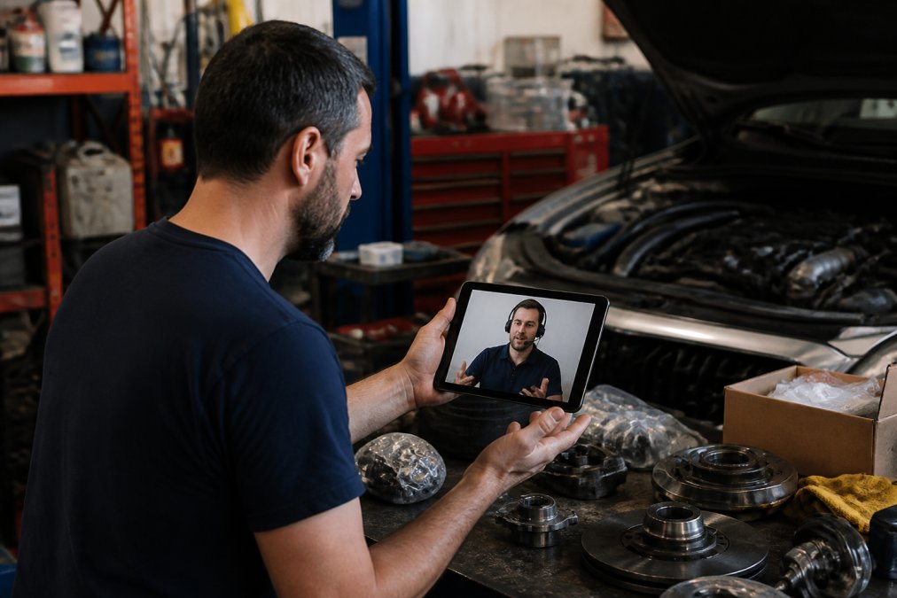 DIY car enthusiast in a garage speaking with a customer service representative via video call on a tablet, with automotive parts visible on the workbench