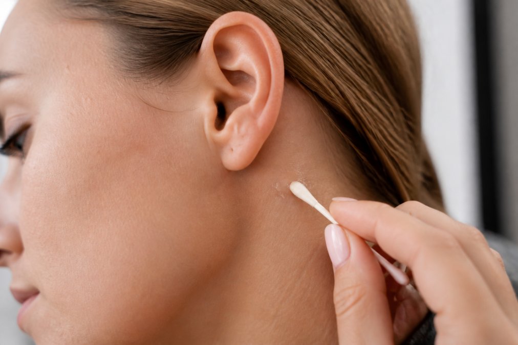 Small amount of perming solution being applied to skin behind ear with cotton swab, showing proper patch test technique on isolated skin area