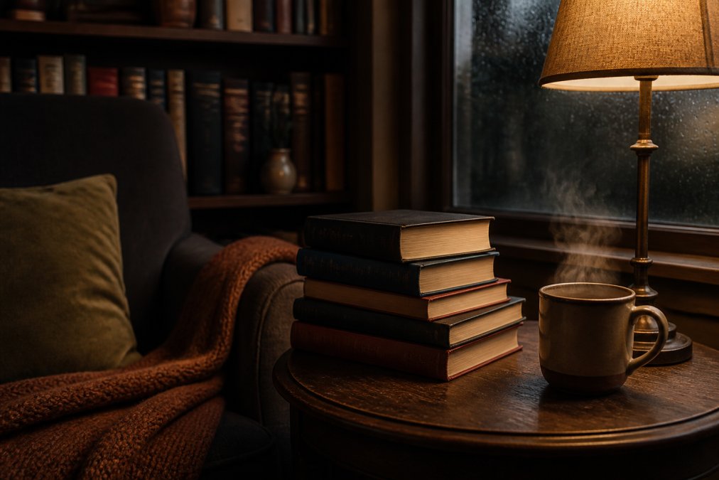 A cozy reading nook with a stack of supernatural thriller books, a warm lamp, and a steaming mug of tea, evoking a chilling but inviting atmosphere
