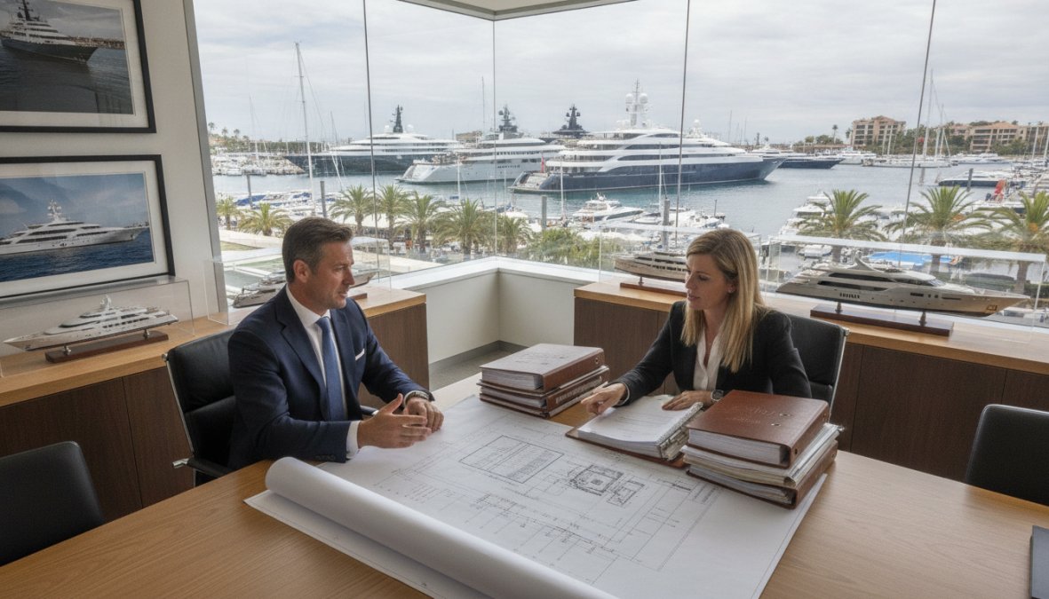 A professional yacht broker reviewing vessel specifications and detailed floor plans with a client at a large desk in a modern office, floor-to-ceiling windows overlooking a sunlit marina in the background