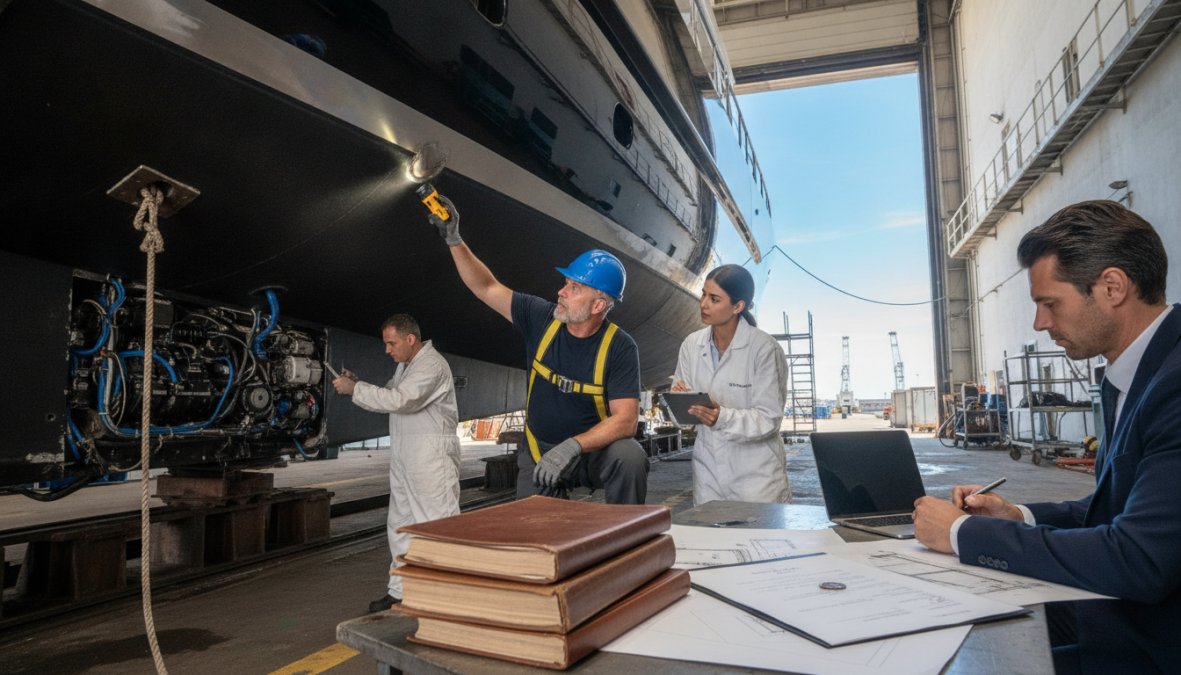 Three maritime professionals in work gear conducting a systematic inspection of a superyacht hull at a dry dock facility, one examining the keel with a flashlight while another takes notes on a clipboard in bright afternoon light