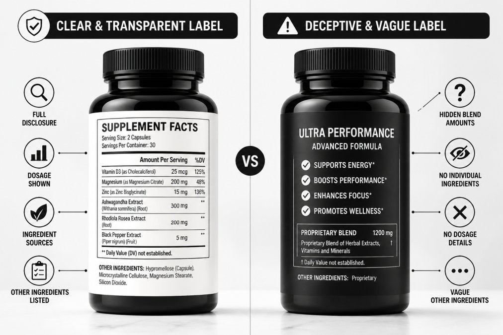 Two supplement bottles placed side by side on a white surface, one showing clear, detailed labeling with all ingredients listed and one showing vague claims and hidden ingredient information, photographed in bright natural light