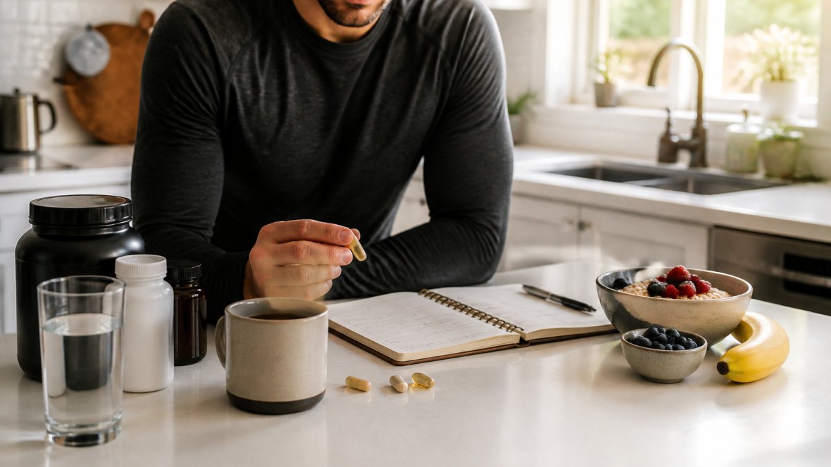 Parent at kitchen counter in early morning light with supplements next to coffee cup, breakfast items, and daily planner, showing organized morning routine setup