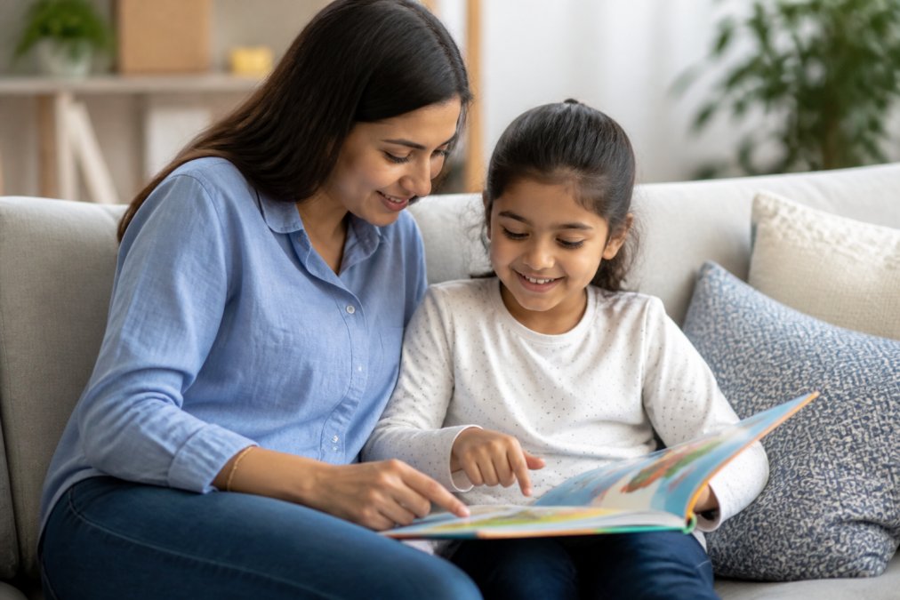 A parent and child reading supplementary reading materials together on a cozy couch while smiling