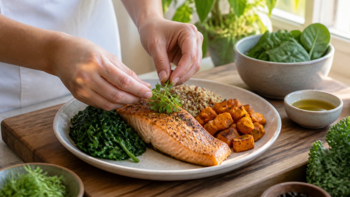 Professional preparing a colorful balanced meal plate with grilled salmon fillet, fresh spinach and kale, quinoa, roasted sweet potato, and drizzled olive oil on a wooden cutting board with natural window lighting