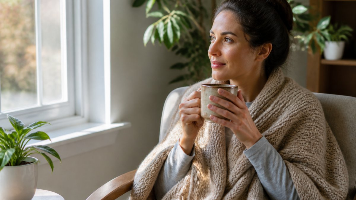 Woman in a peaceful home setting holding a warm cup of herbal tea, seated by a window with soft natural morning light streaming through, appearing calm and relaxed