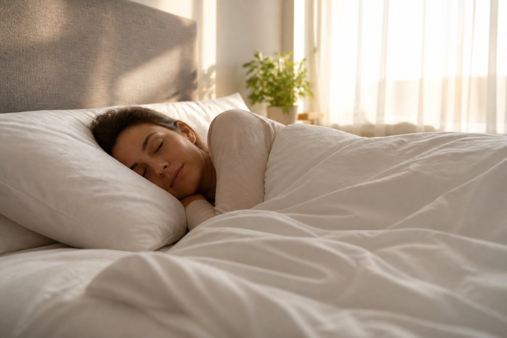 Person sleeping peacefully in bed with soft morning light filtering through sheer curtains, appearing relaxed and restful