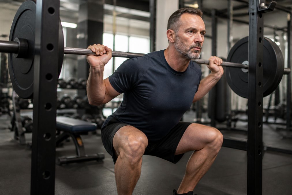 Fit man in his 40s performing a barbell squat with focused expression in a well-lit gym setting.
