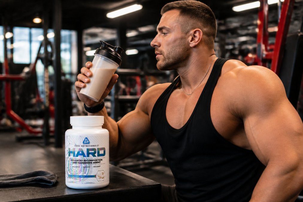 Muscular athlete in modern gym holding shaker bottle with protein shake, defined physique visible under gym lighting, focused expression