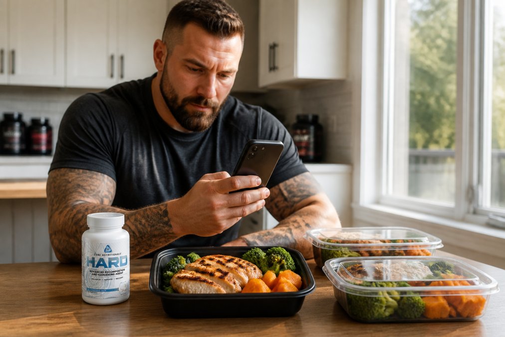 Focused individual logging food on smartphone with healthy meal prep containers and grilled chicken breast visible on table, natural daylight streaming through window