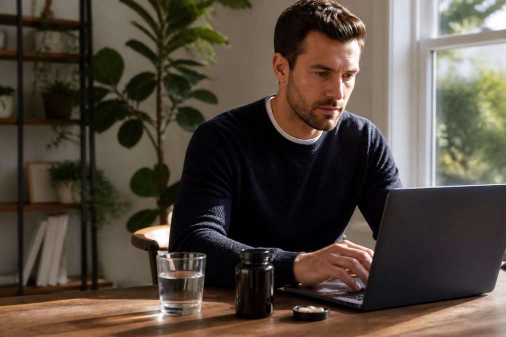 Person sitting at a desk with a glass of water and supplement bottle nearby, looking focused and alert while working on a laptop in bright natural daylight from a window