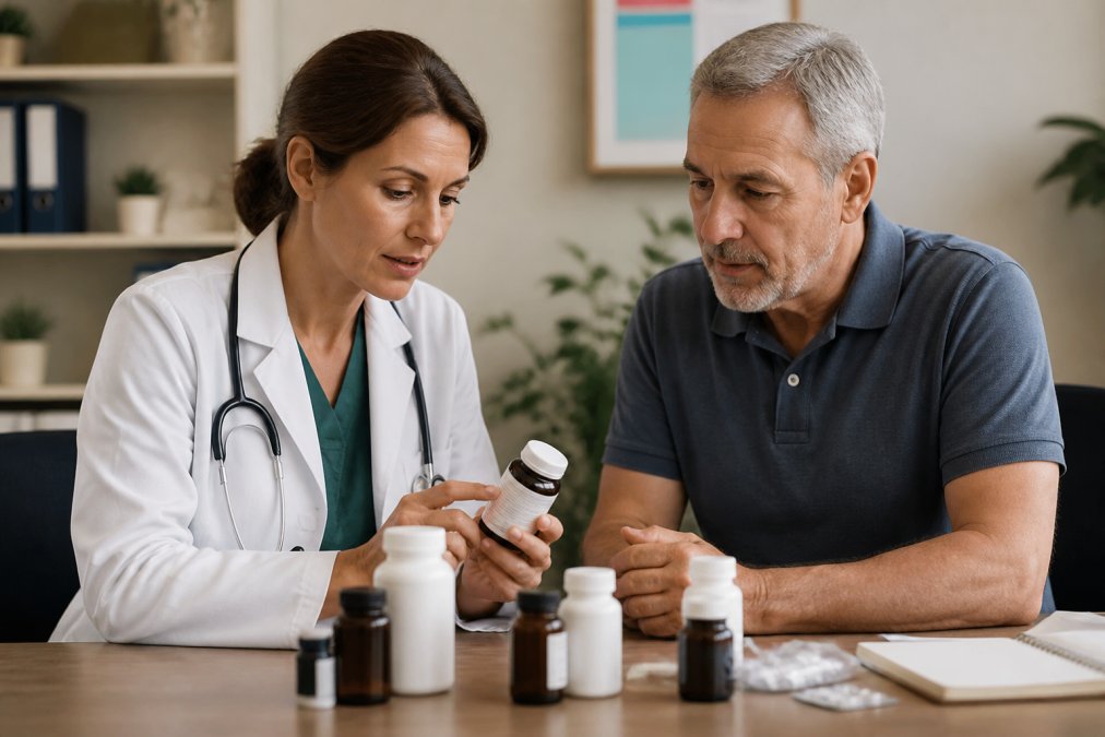 Healthcare professional consulting with a patient, reviewing medication bottles and supplement containers on a desk together in a clinical setting with soft lighting