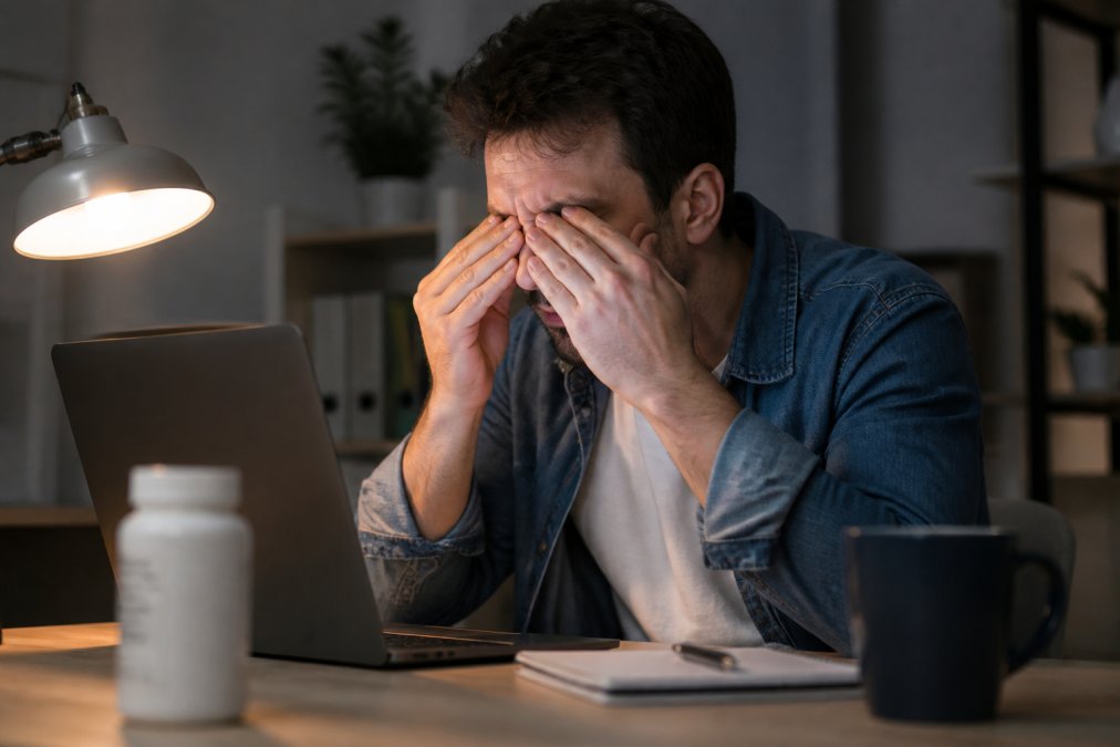 Tired person staring at a screen in a dim office with eye supplements to help with digital eye strain