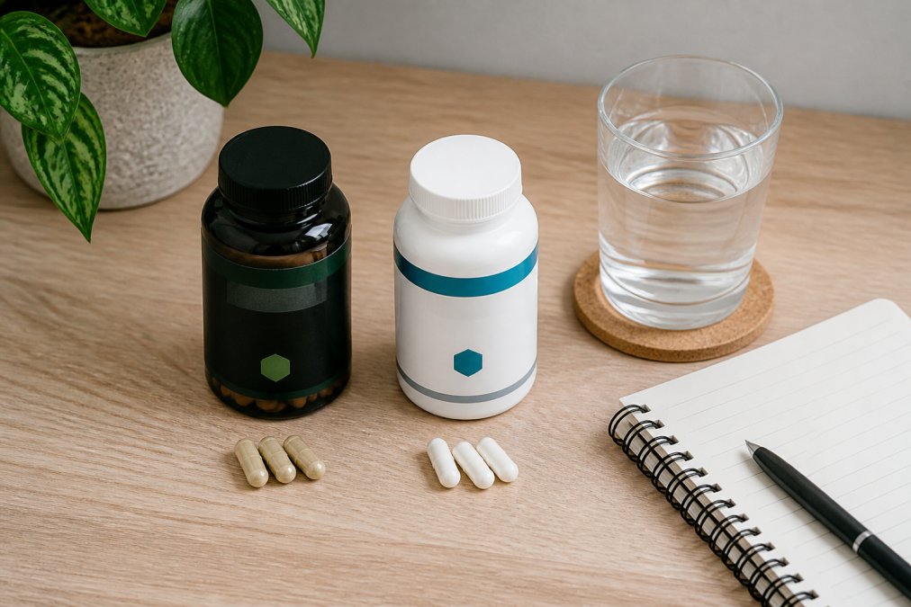 A neatly arranged flat lay on a light wooden desk with supplement bottles, a glass of water, a notebook and a pen, photographed from above in natural daylight