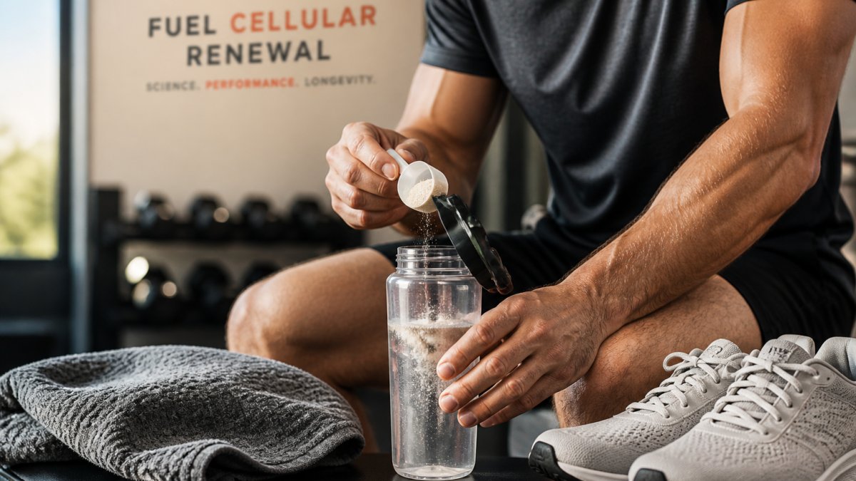 Close-up of hands mixing a scoop of electrolyte powder into a water bottle on a gym bench, with a towel and running shoes nearby
