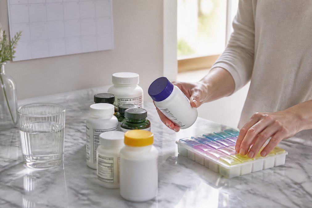 Hands organizing a daily pill organizer and supplements for glp-1 nausea on a marble countertop in morning light