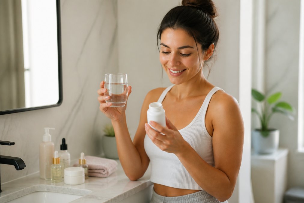 A woman in a bright bathroom holding a small glass of water and a supplement bottle, with a skincare routine laid out on the counter beside her