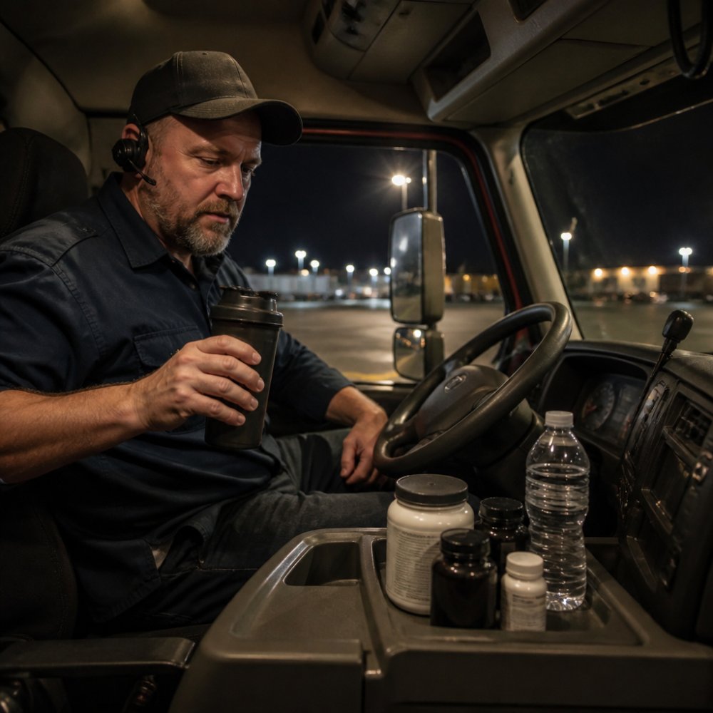 Truck driver sitting in cab during nighttime, with supplement bottles and hydration drink visible on the dashboard, showing real-world supplement use during a shift
