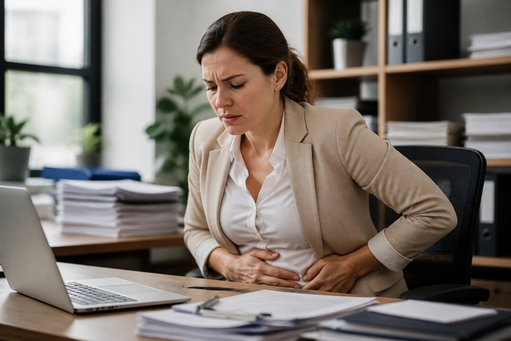 Professional woman at desk holding her midsection while working, showing visible stress and tension in her face, with a busy office environment in soft natural light