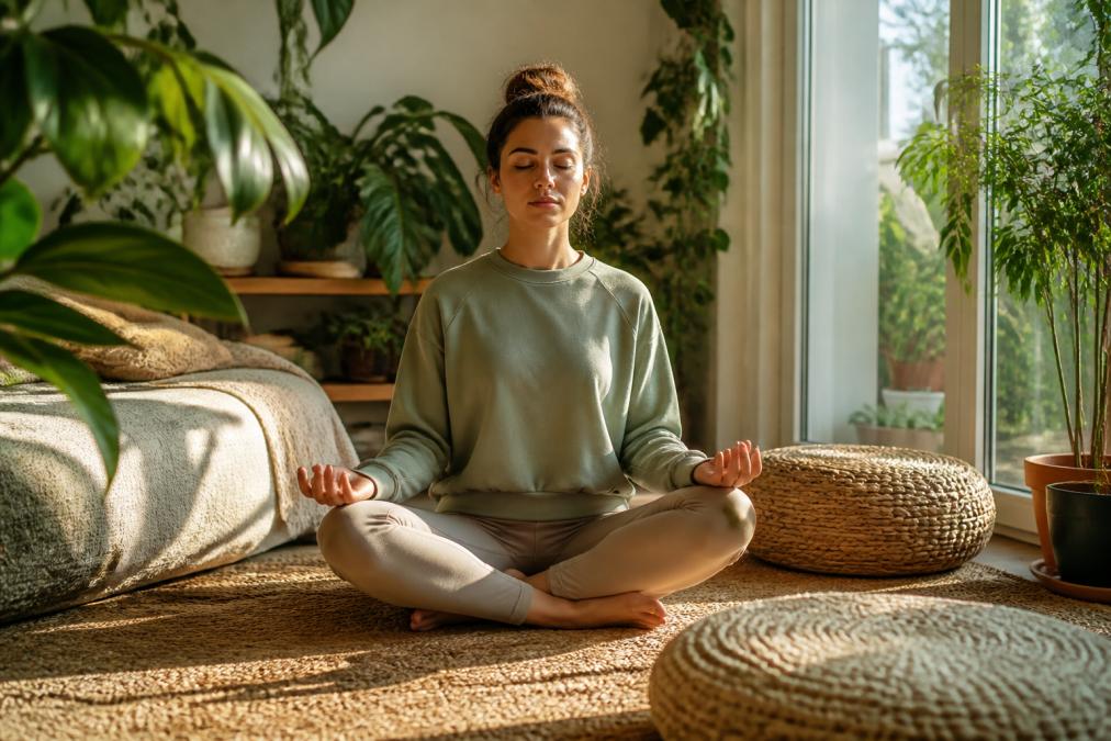 Person meditating in a serene home environment with soft natural light streaming through windows, comfortable cushions, plants, and calming decor visible