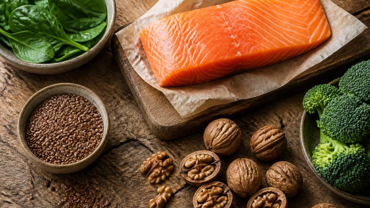 Infographic showing omega-3 rich foods as natural supplements for meibomian gland dysfunction relief