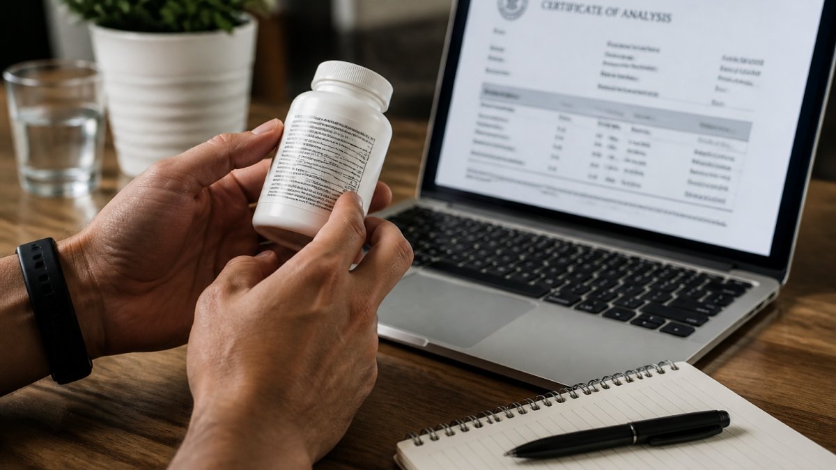 Close-up of hands holding a supplement bottle next to a laptop showing a third-party test certificate, with a notepad and pen on a clean desk