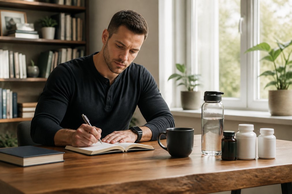 Professional working at a modern home office desk with a cup of coffee, water bottle, and supplement containers nearby, demonstrating focus and concentration with natural window lighting