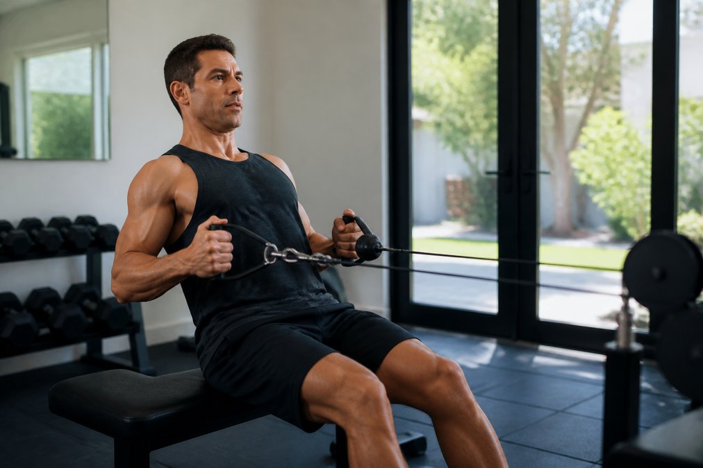 Adult performing resistance training with proper form in bright home gym setting, focusing on upper body strength exercise