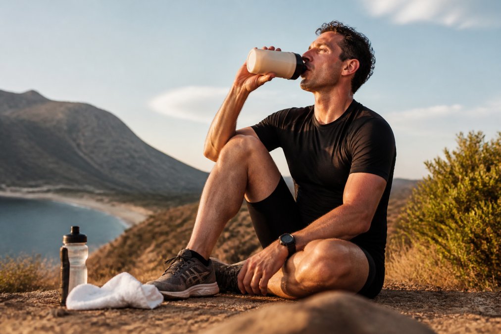 Athletic person drinking a recovery beverage after an outdoor endurance workout in late afternoon light, water bottle and towel on the ground beside them