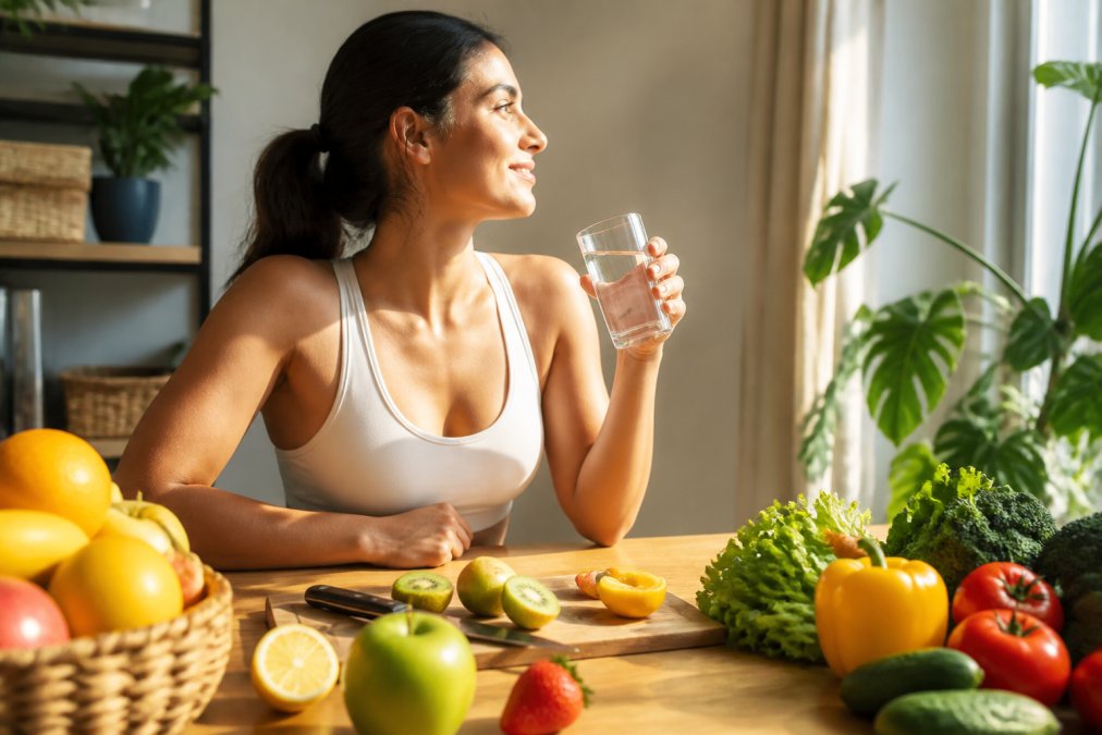 Person holding a glass of water with fresh fruits and vegetables on a wooden table in natural sunlight, representing hydration and nutrient intake