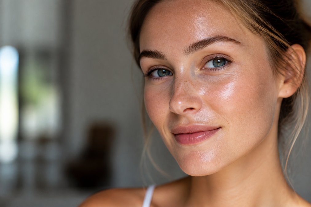 Close-up of a woman's face showing healthy, glowing skin with visible firmness and elasticity, natural lighting
