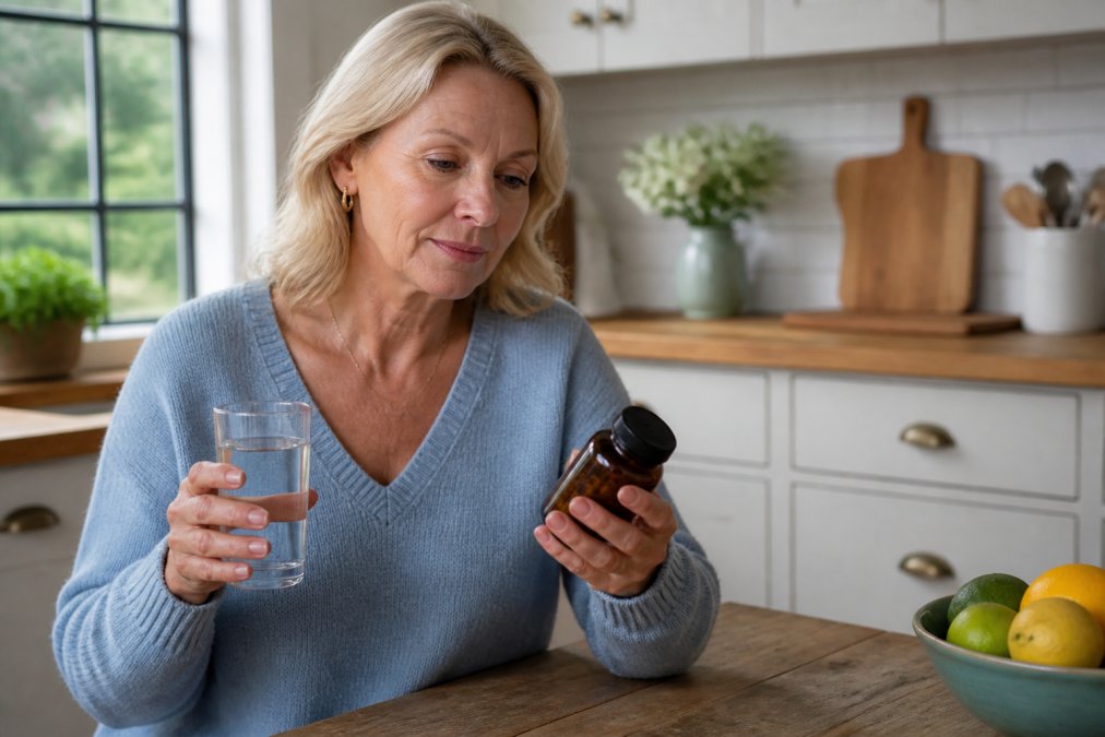 A woman in her fifties sitting calmly in a bright kitchen, holding a glass of water and a supplement bottle, with a relaxed expression and soft natural light