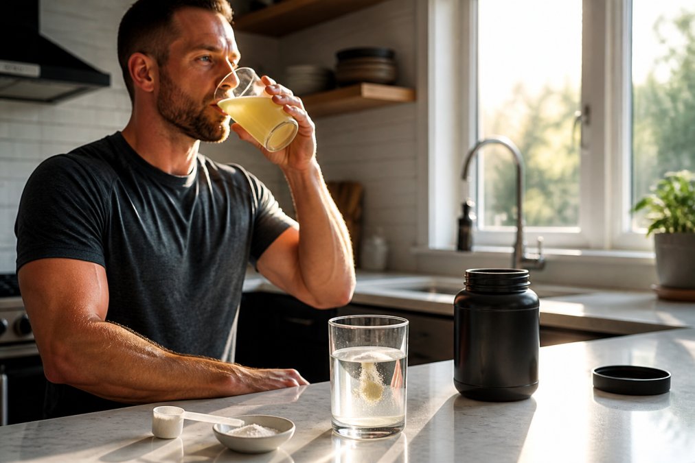 Person drinking an electrolyte beverage from a glass during recovery after workout, with powder dissolving in water on a clean kitchen counter in natural morning light
