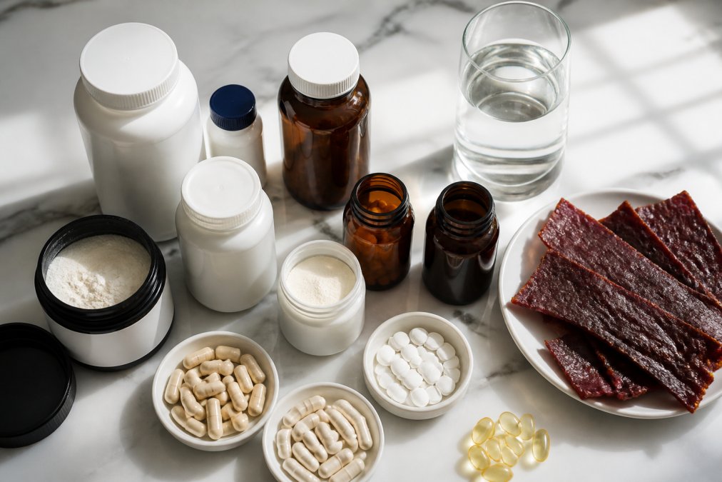 Overhead shot of various supplement bottles, capsules, and powders arranged neatly on a clean white surface with grass-fed beef jerky and a glass of water nearby in natural daylight