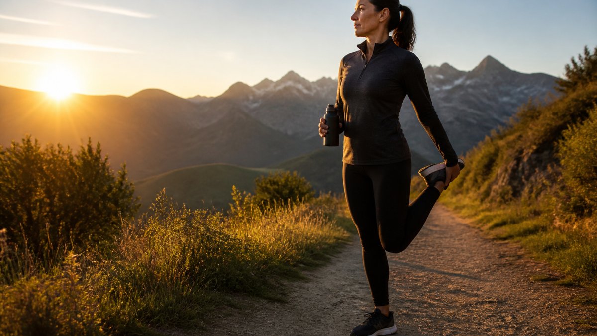 Active adult exercising outdoors at sunrise, stretching with water bottle on a scenic path, natural morning light illuminating the scene