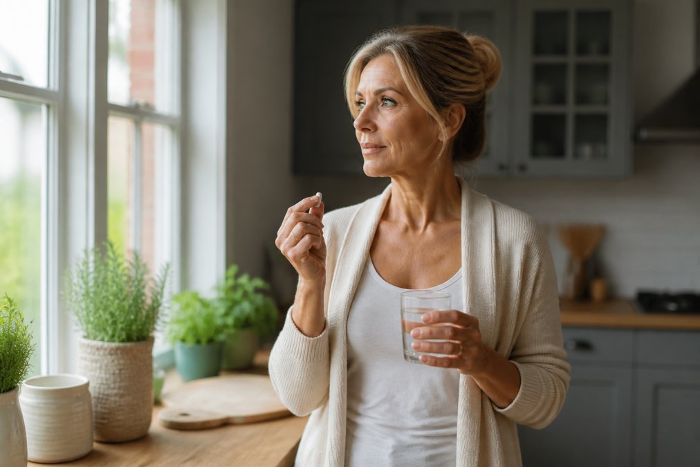 Woman in her late fifties standing at a bright kitchen window holding a small white capsule and a glass of water, morning light across a wooden counter